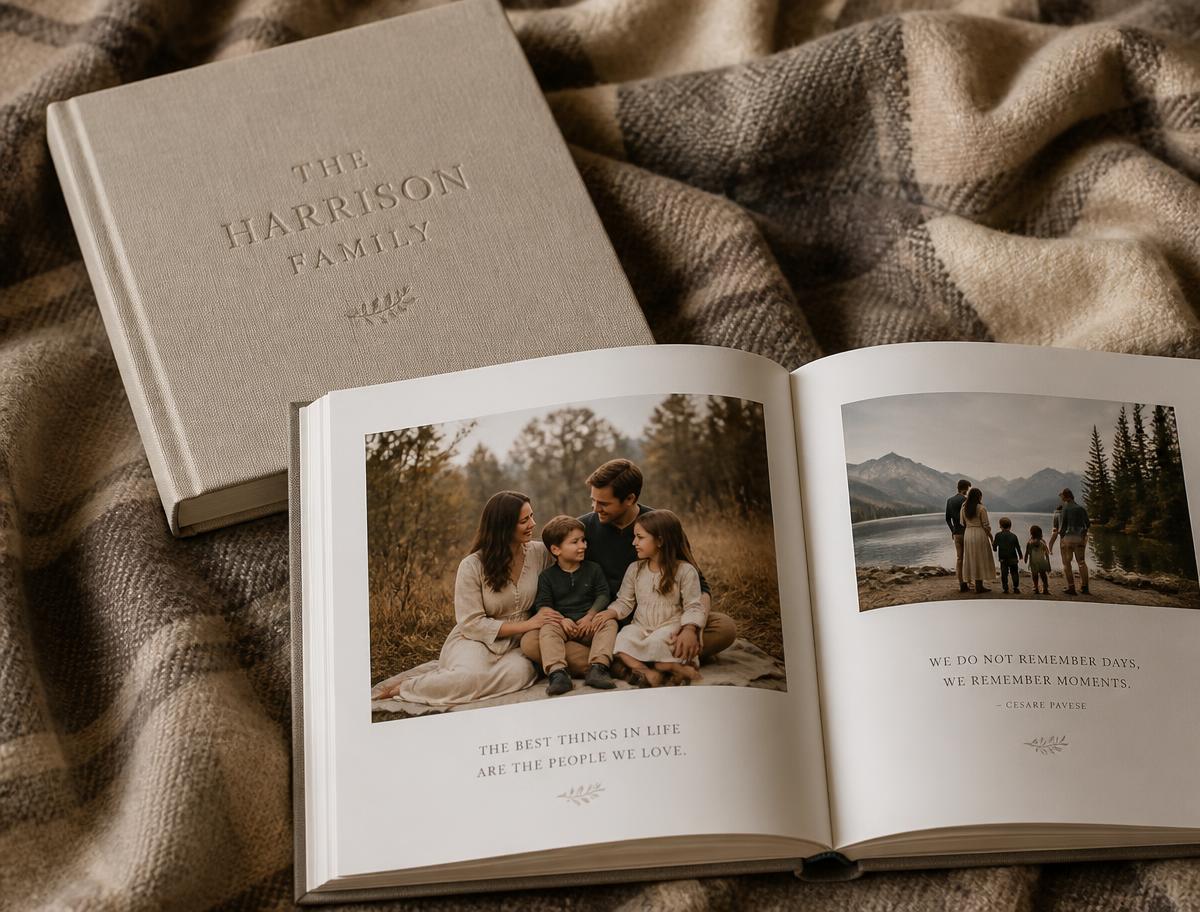 Linen hardcover home story book, open to a spread of family photographs